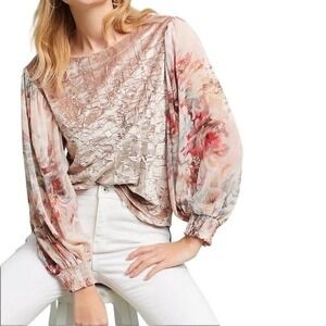 Meadow Rue Anthropologie Crushed Velvet Floral Chiffon Sleeve Blouse XS Pink